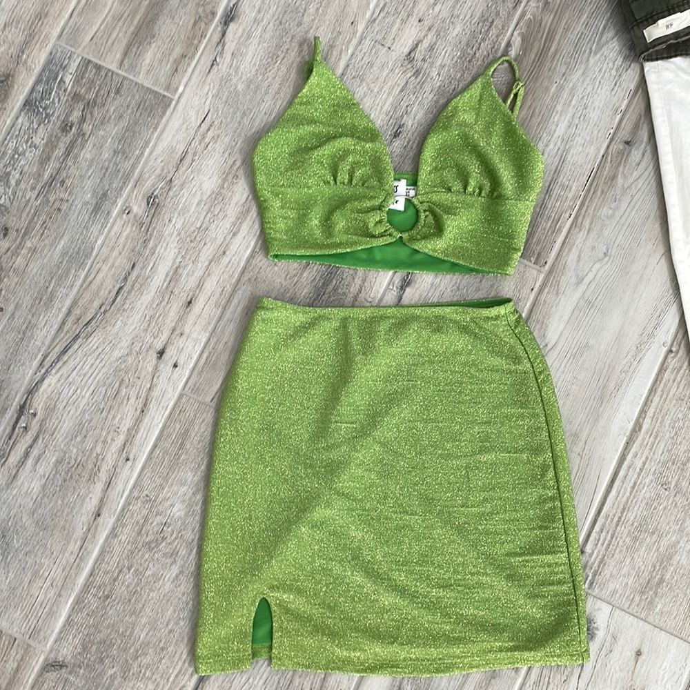 Two piece green sparkly set from Princess Polly